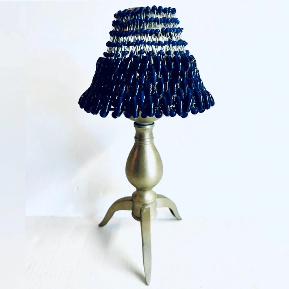 Vtg Cobalt Blue Glass Bead Shaded Votive candle holder with pewter 3 leg base.